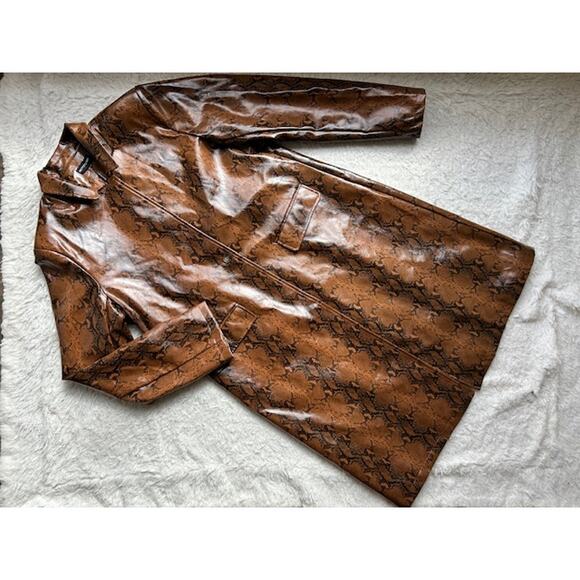 PrettyLittleThing Jackets & Blazers - PrettyLittleThing Brown Faux Leather Snake Print Longline Jacket Size 12